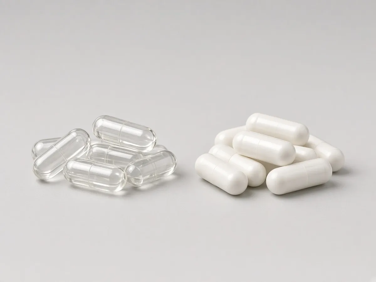 Closed clear two-piece capsules beside closed opaque white capsules, comparing TiO2-free appearance options