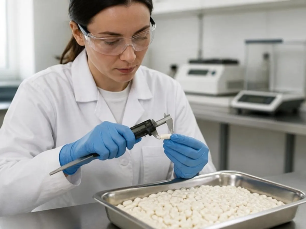Technician measuring an empty capsule with a caliper during quality inspection