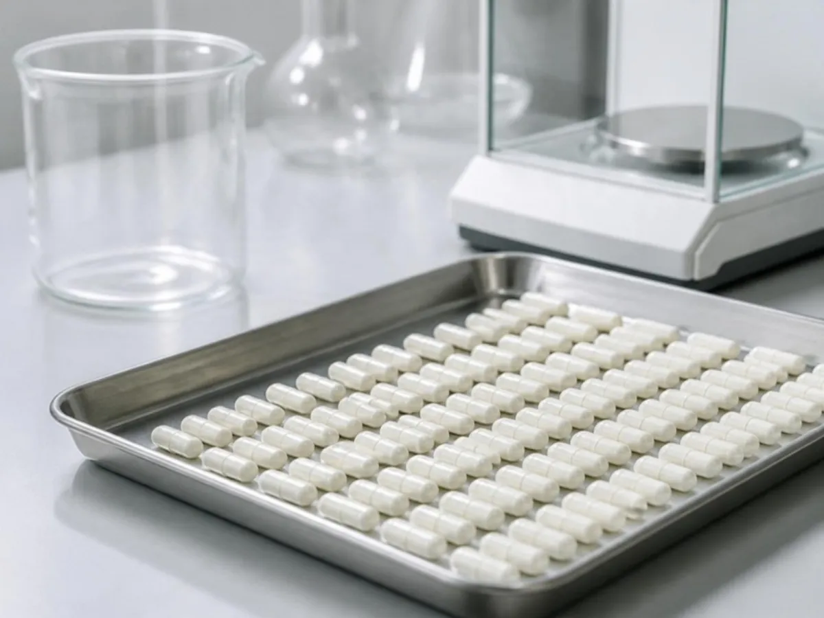 Rows of white hard capsules on a laboratory tray